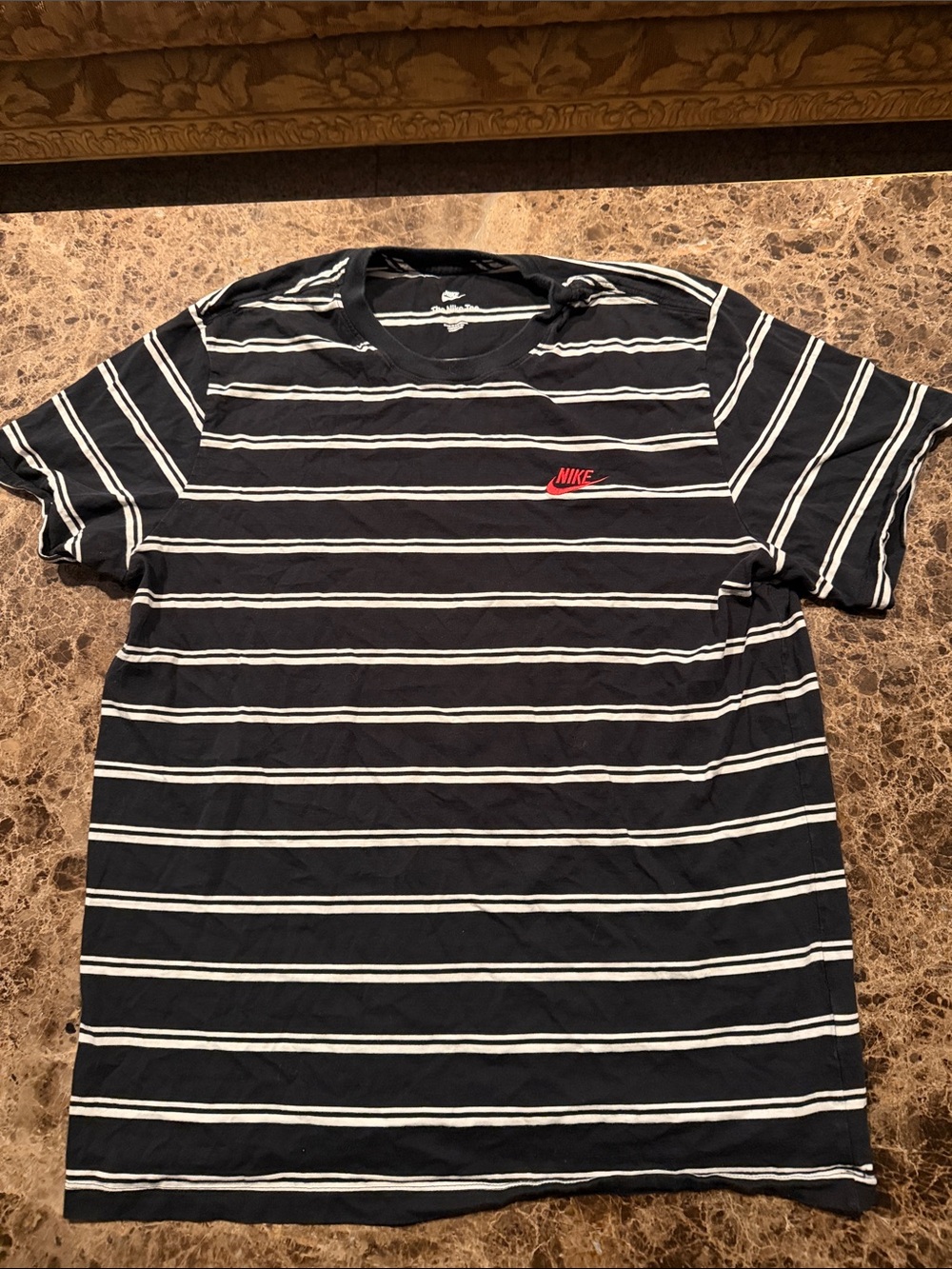 Nike Men’s Black & White Striped Short Sleeve Tee with Red Logo